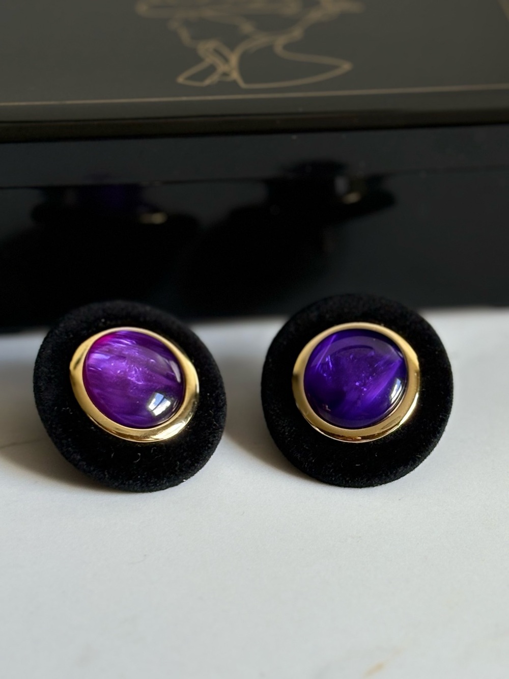 Vintage Avon Purple Cabochon Bold Stud Earrings 1.5” Black Velvet Gold Tone Trim
